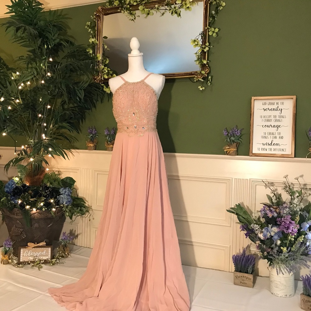 Formal blush pink chiffon party Prom dress